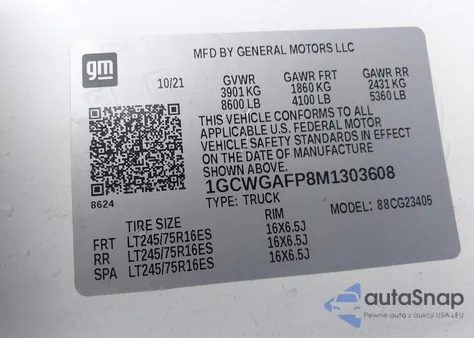 2021 Chevrolet Express Cargo Rwd 2500 Regular Wheelbase Wt из США, поврежденный, VIN 1GCWGAFP8M1303608